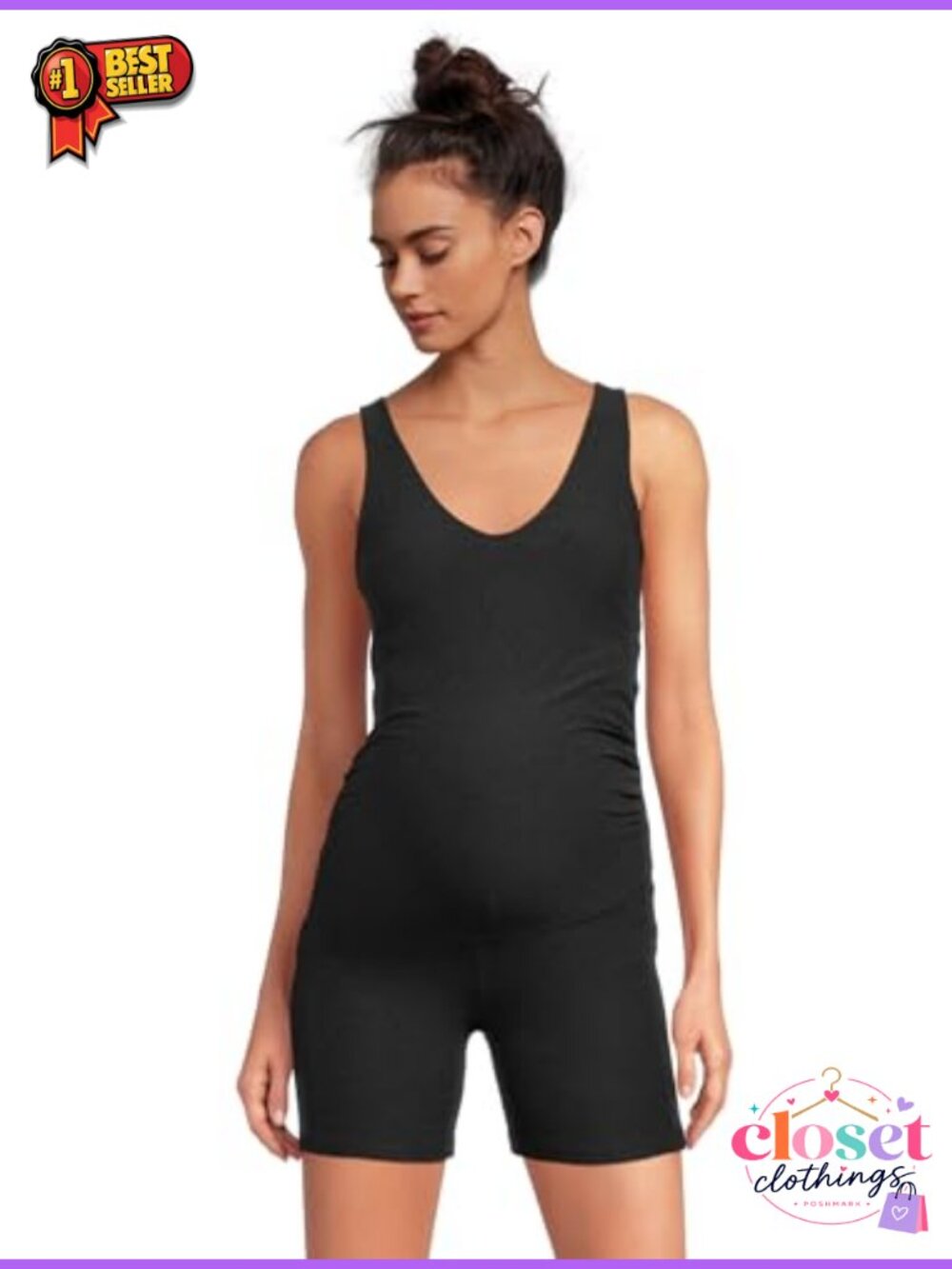 Maternity Biker Jumpsuit Spacedye Scoop Neck Adjustable Straps Fitted Sleeveless